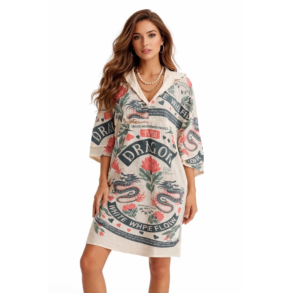 Vintage Sack‎ Dragon Print Cotton Bell Sleeve Dress